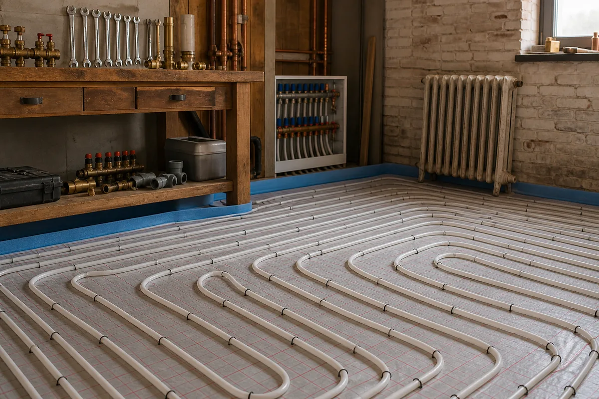 Réseau de tubes d&rsquo;un plancher chauffant avant coulage de la chape