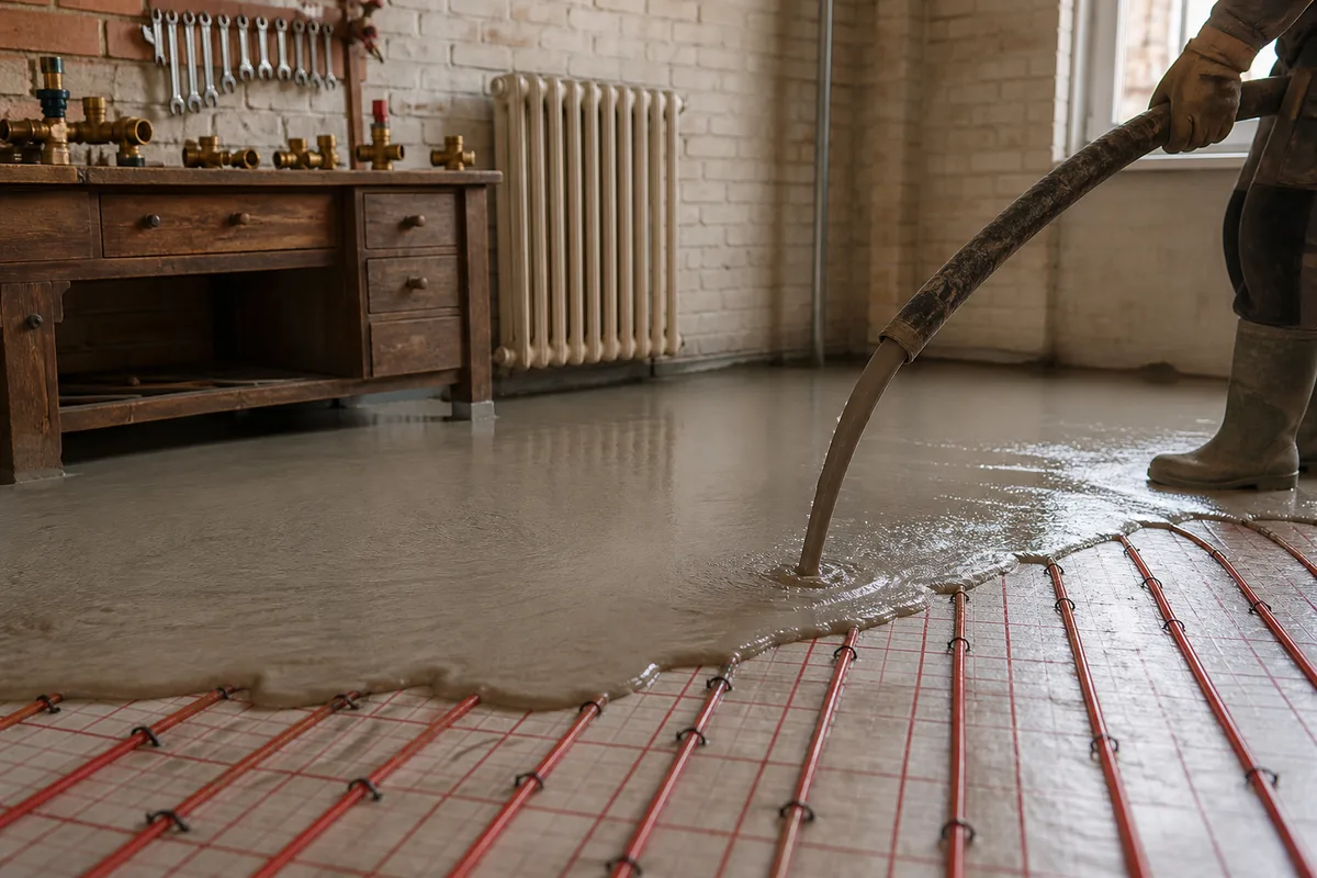 Chape fluide en cours de coulage sur un plancher chauffant