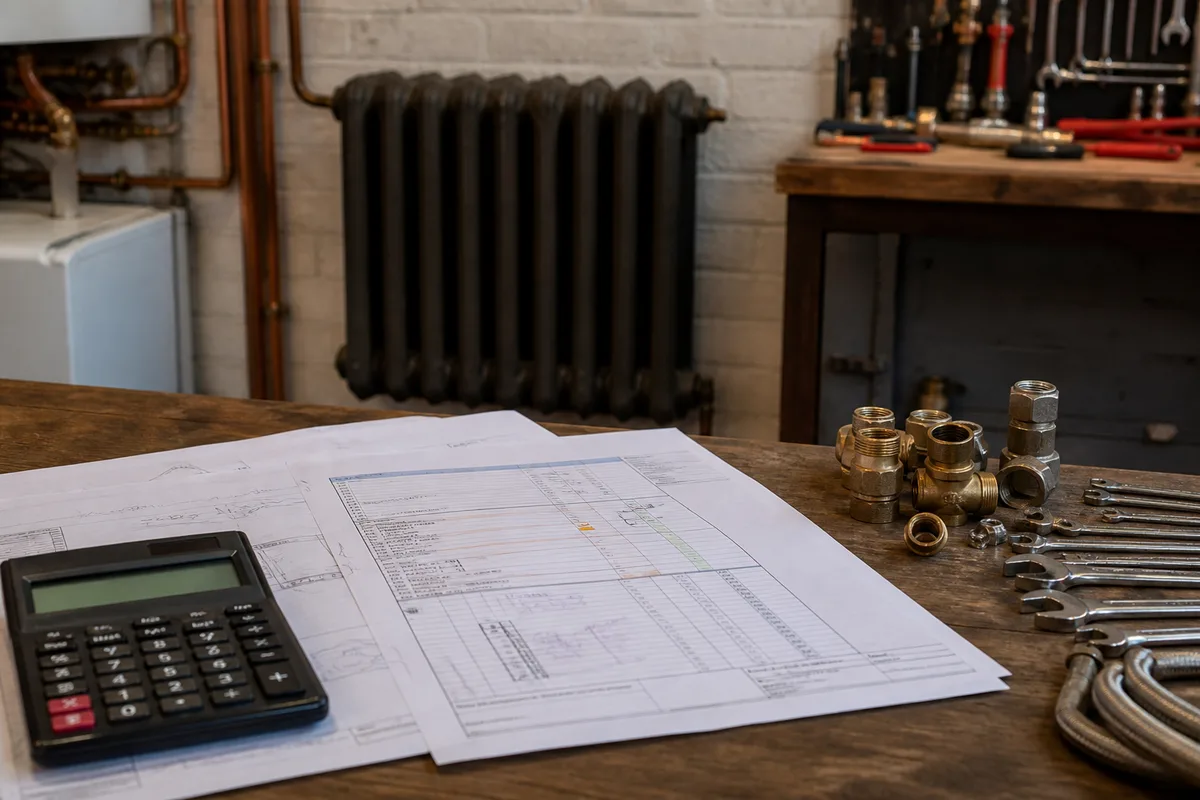 Devis de chauffage annoté posé sur une table avec une calculatrice