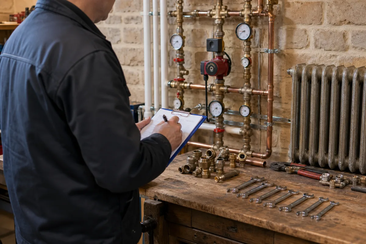 Chauffagiste relevant les caractéristiques d&rsquo;un circuit de chauffage