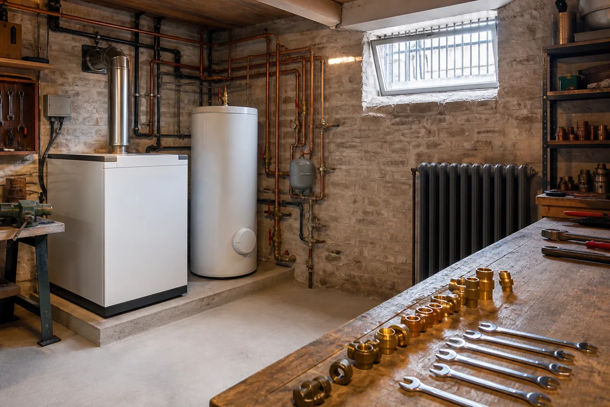Chaufferie domestique avec chaudière murale, tuyauteries de cuivre et collecteur de distribution