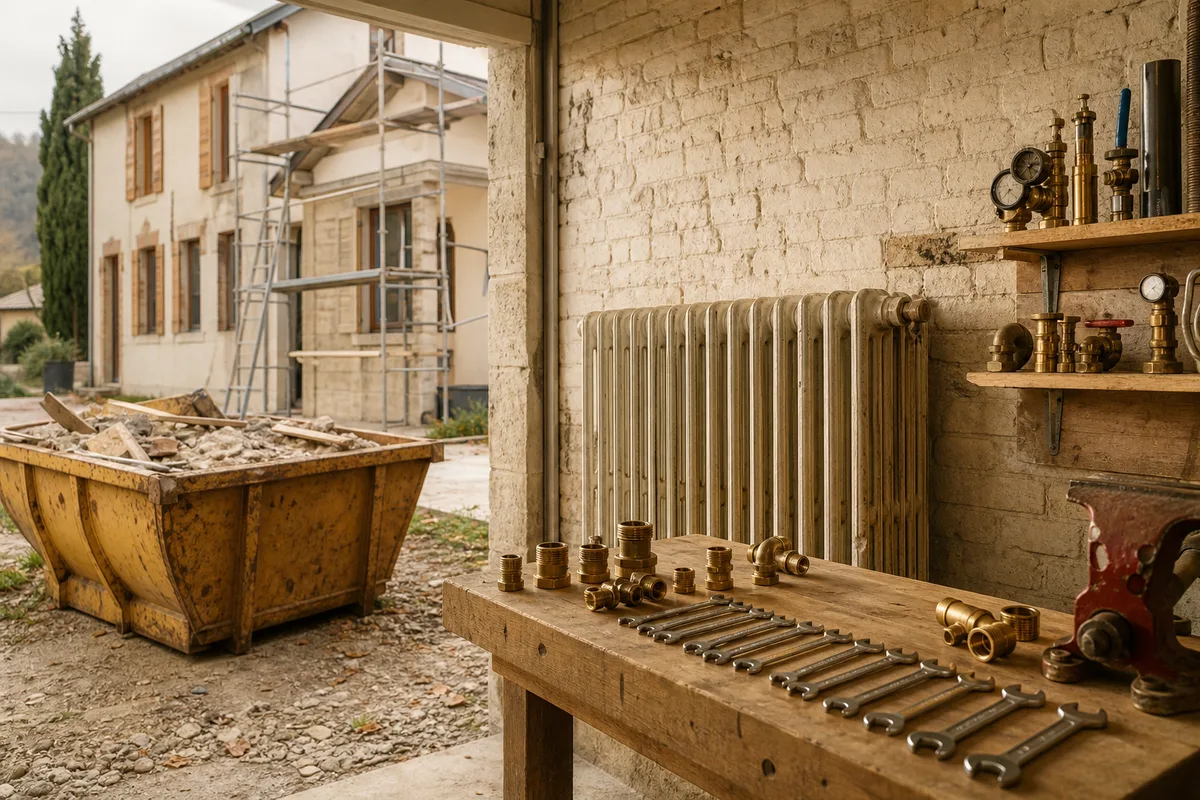 Benne de chantier posée devant une maison en rénovation