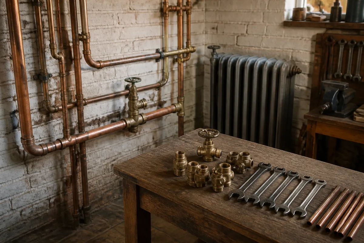 Ancienne canalisation en cuivre dans le sous-sol d&rsquo;une maison lorraine