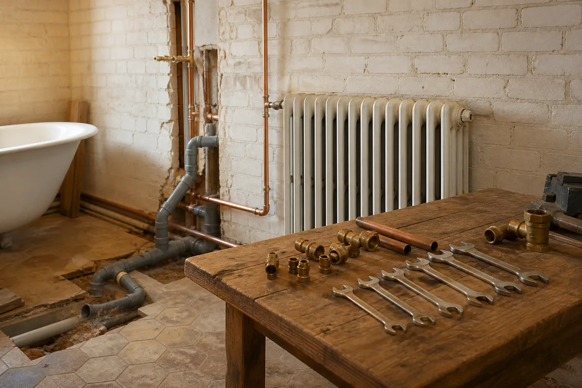 Salle de bains en cours de rénovation avec évacuations apparentes